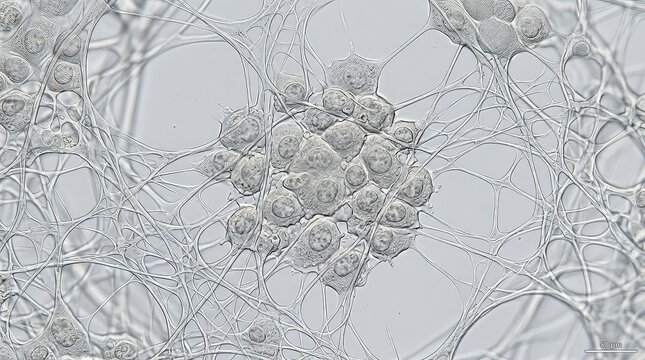 Extreme close-up of synthetic extracellular matrix supporting healthy stem cell growth under advanced laboratory optics, clean biotechnology environment