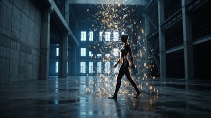 Obraz premium AI Humanoid Walks Through Exploding Data Stream and Shattered Bits in Abstract World.