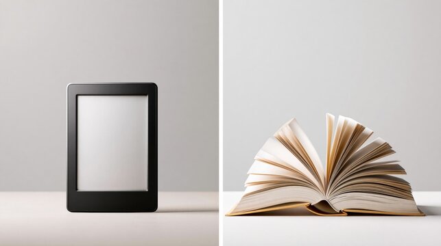 Blank E Reader and Open Paper Book Side by Side Reading Comparison with Copy Space