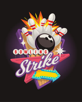 Retro neon sign vector illustration for bowling club in 80s style