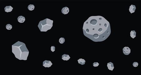 collection of grey asteroids and space rocks floating in black outer space background © Fendik eps