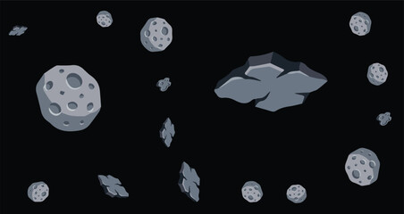 illustration of floating grey asteroids in dark space with various shapes and cratered surfaces © Fendik eps