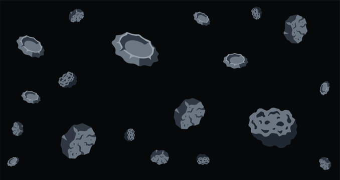 dark gray meteorites floating in black space background with craters and irregular shapes