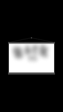 Vertical animation of a hanging white projection screen zooming in against a black background, revealing hand drawn back to school text in a scribble style
