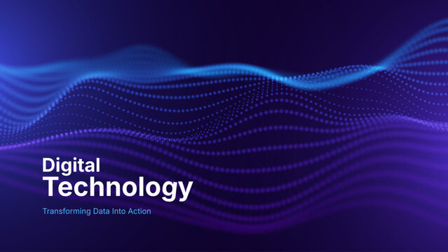 Blue Purple Particles Digital Technology Banner Background. Futuristic Data Flow Abstract Wave Design. Vector Illustration.