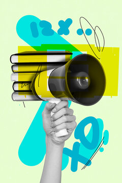 Vertical sketch 3d collage poster of hands hold vinyl disk plate cadre camera shooting book phone education reader notepad