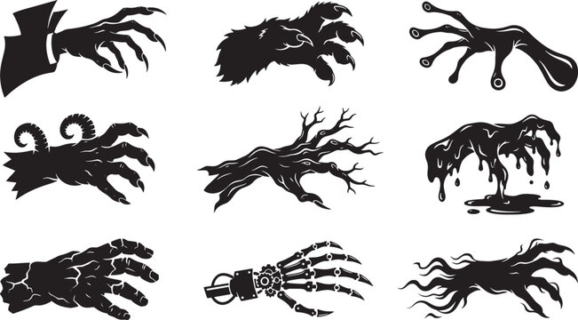 Spooky monster hands collection, creepy creature claws and zombie limbs set, 9 black vector silhouettes for Halloween design and horror posters