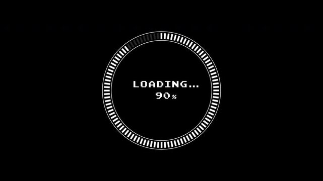 A retro game-style loading screen featuring a circular progress bar that loads from 0 to 100% and completes