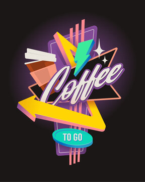 Retro neon sign vector illustration for coffee to go in 80s style