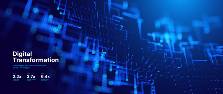 Digital Tech Background. Blue Glowing Pixel Circuit Dot Pattern. Data Lines for Tech Innovation, Science Research, AI Artificial Intelligence and Big Data Presentation. Vector Illustration