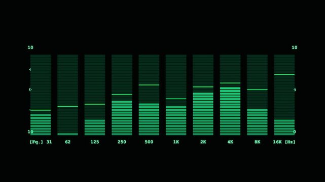 Green graphic audio equalizer display moving dynamically on black background.