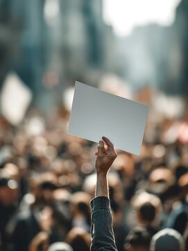 Raised Hand Holding Blank Sign at Protest Rally.