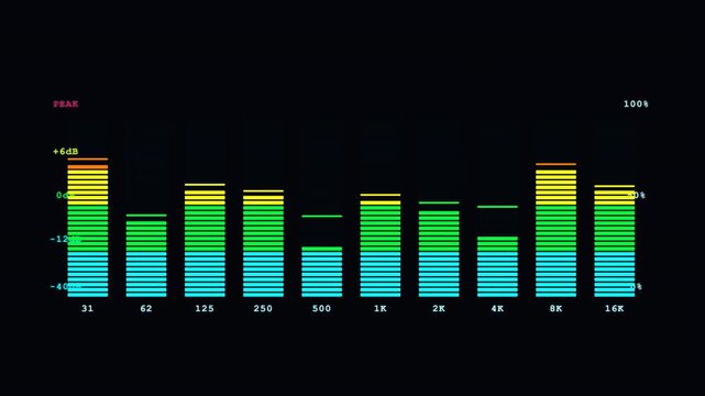 Audio Equalizer Spectrum Analyzer with Neon Glow in Dark Background.