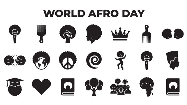World Afro Day icon set, 21 black silhouette symbols for natural hair celebration, African culture and identity vector elements for graphic design