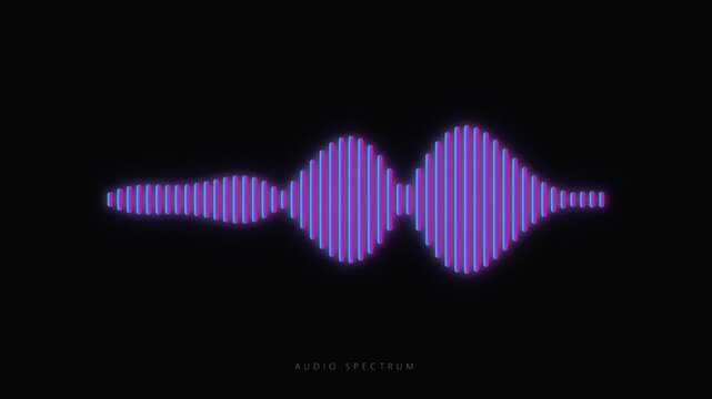 Digital Audio Waveform Visualizer in Neon Purple Pulsing and Moving on Black Background.