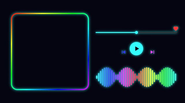 Futuristic neon music player interface with spectrum bars and audio controls.