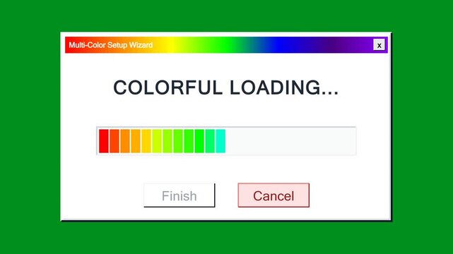 A colorful loading bar progressing on a green desktop screen during a software installation.