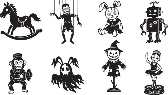 Creepy vintage toys and haunted dolls vector set, 8 spooky Halloween character icons, dark retro toy illustrations for horror design
