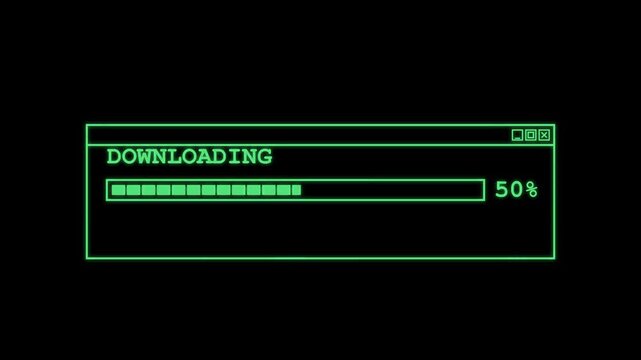 Retro green downloading progress bar loading data animation on black background.