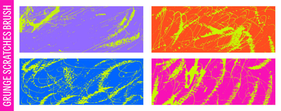 Brush background set with sporty feel. Brush stroke and scratch pen on paint banners. Messy scribble with ink splatter and rough brush on background texture. Maximalist vector drawing for presentation