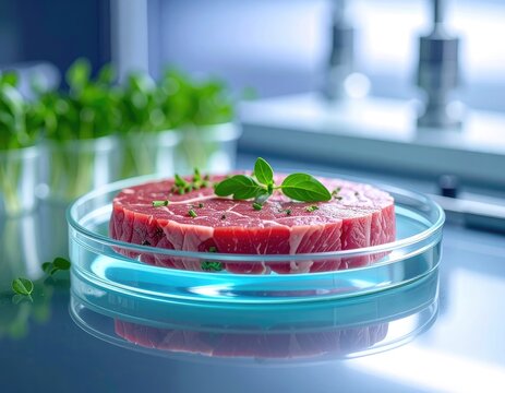 Cultured meat steak in petri dish with greens, laboratory setting