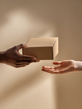Hands exchanging a small cardboard box, symbolizing delivery, gift, or transaction.