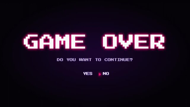 Pixelated Retro Game Over Screen with Yes or No Choice Option.