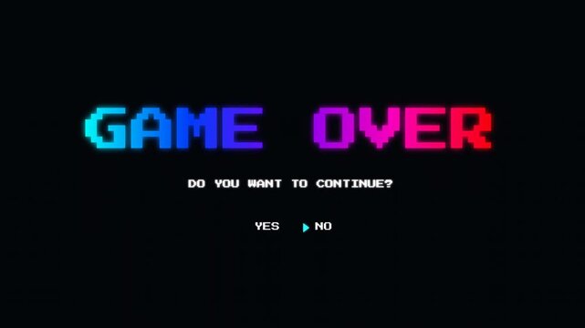 Retro Game Over Screen With Colorful Animated Letters and Continue Prompt.