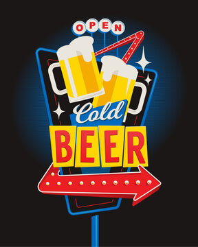 Retro neon sign vector illustration for beer bar in 80s style