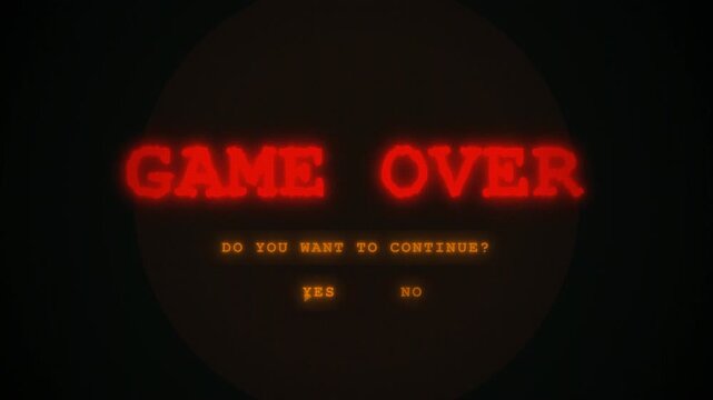 Retro arcade style game over screen with neon red text and continue prompt.