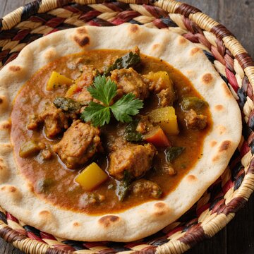 Ethiopian injera with doro wat stew, traditional basket tray