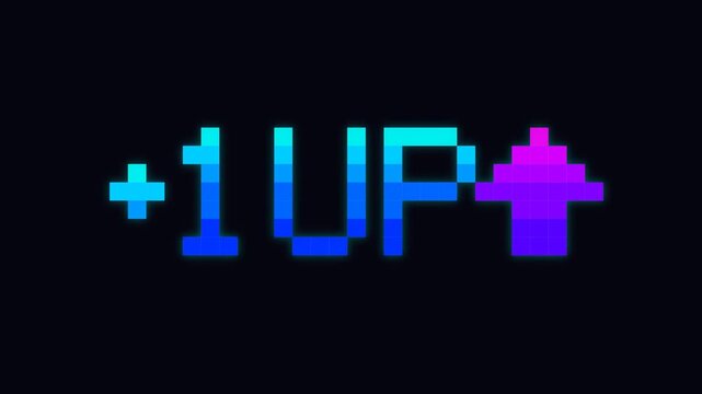 Pixel art graphic of 1 UP text with a purple arrow indicating a level up.