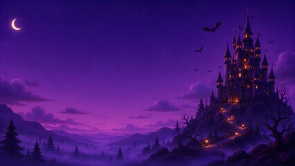 Mysterious castle perches atop misty mountains. Purple twilight glows softly around its towers. Crescent moon hangs high in the sky above. Bats flutter silently near the ancient spires © Tempe Gembus