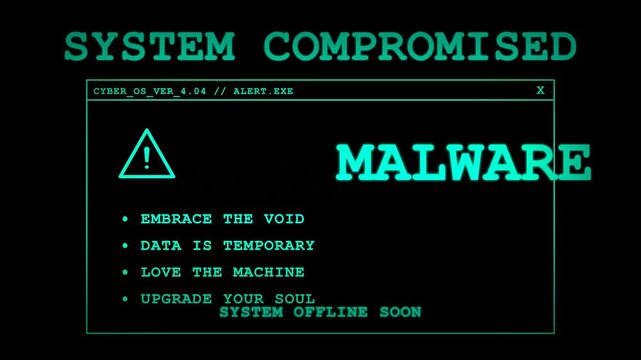 Cyber Attack Simulation Displaying System Compromised Warning and Malware Notification on Black Background.