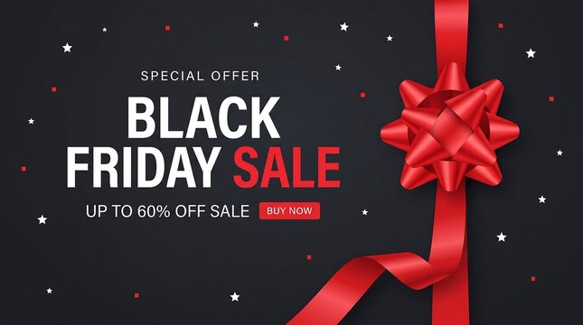 Black friday sale banner with red gift bow and ribbon