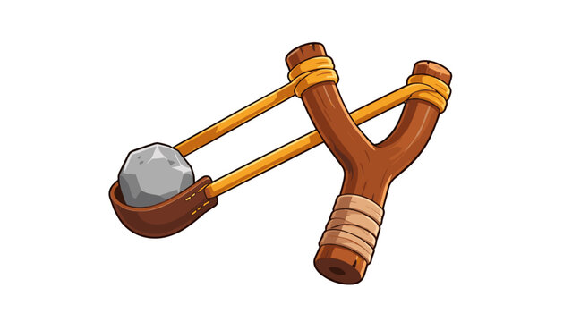 Cartoon wooden slingshot with rock projectile