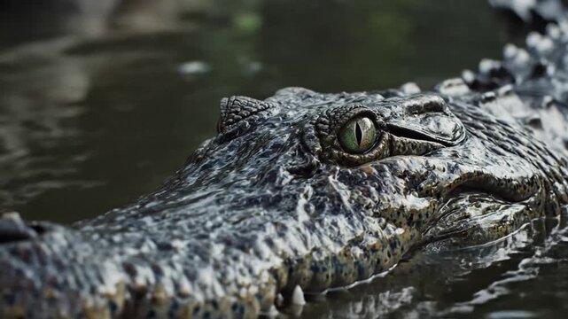 Close-up of a crocodile's eye and snout emerging from murky water, predatory reptile.