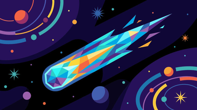 Deep space cosmic scene featuring a colorful geometric shooting meteoroid streaking across a starry galaxy in dark blue, purple, and cyan tones.