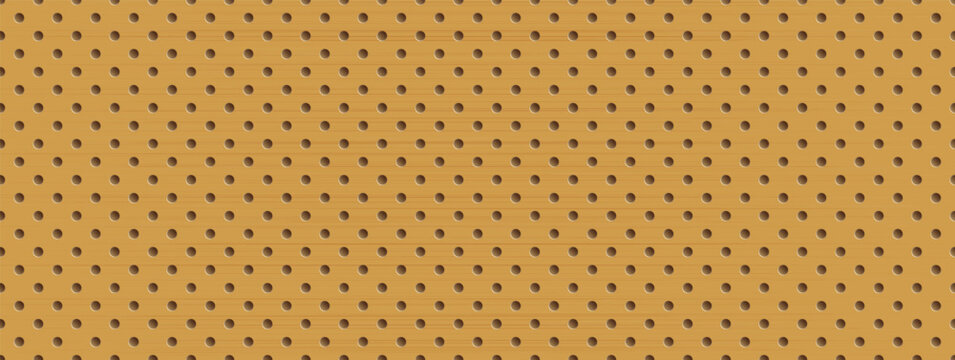 Yellow wooden pegboard background with dark peg holes and perforated board texture. Mustard plywood panel for garage tool rack wall. Retro vector pattern of empty pegboard with round peg dot rows