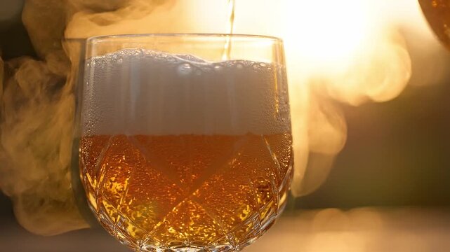Golden beverage poured into a crystal glass, showcasing bubbles and foam as sunlight glimmers through, creating a warm and inviting atmosphere