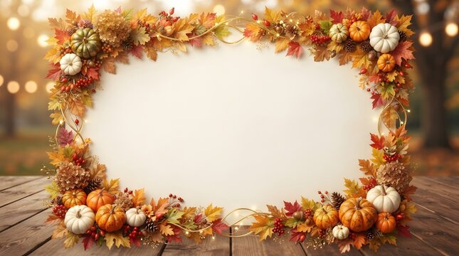 Autumn harvest frame with pumpkins and colorful fall leaves on a rustic wooden table with bokeh lights