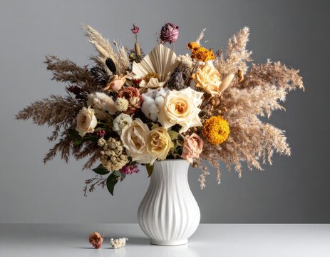 A neutral, textured dried floral arrangement in a white fluted vase