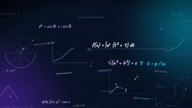 Mathematics formulas, geometric diagrams, and data graphs drawn in glowing white chalk on a dark navy blue chalkboard.