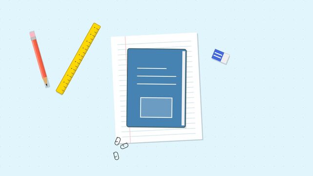 Flat Illustration of School Stationery Supplies featuring Notebook Pencil Ruler and Eraser on Blue Background
