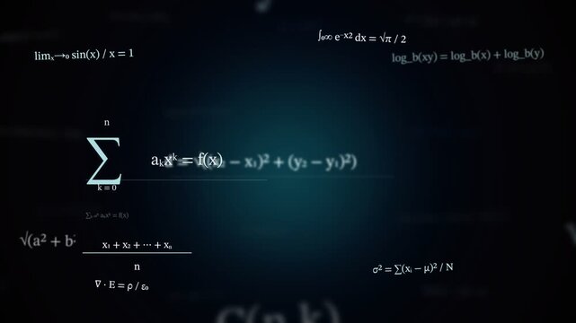 Various mathematical and scientific formulas displayed in white font against a dark blue .