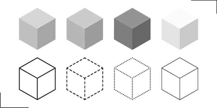 3D Cube Icon Set - Gray Gradient and Outline Style Isometric Box Vector Icons Collection