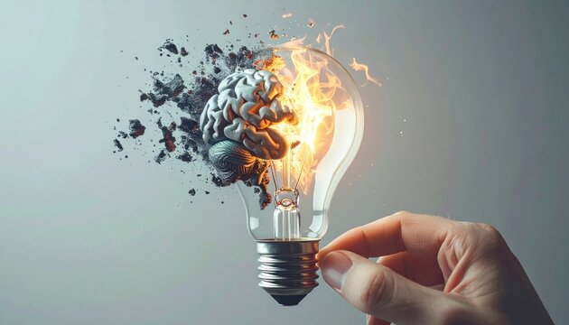 Brainstorming - Lightbulb with Brain Exploding into Flames and Particles.