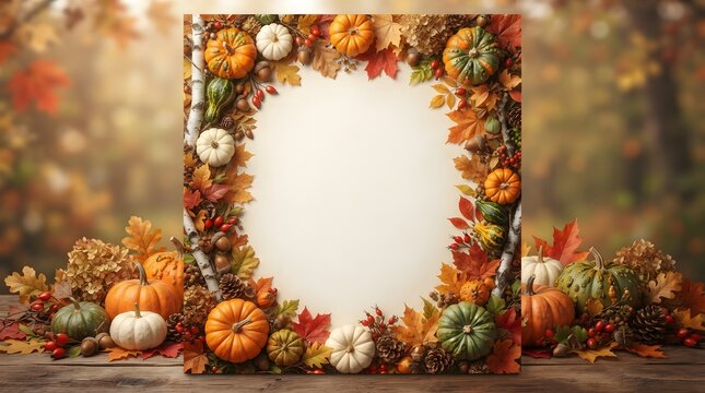 Autumn harvest background with a vertical frame made of colorful pumpkins and fall leaves for seasonal design