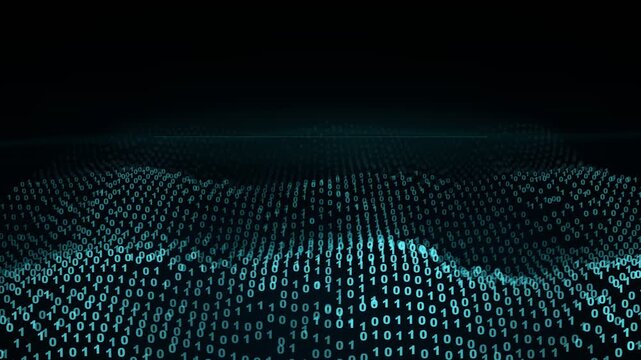 An abstract wave pattern formed by numerous white binary ones and zeros against a dark .