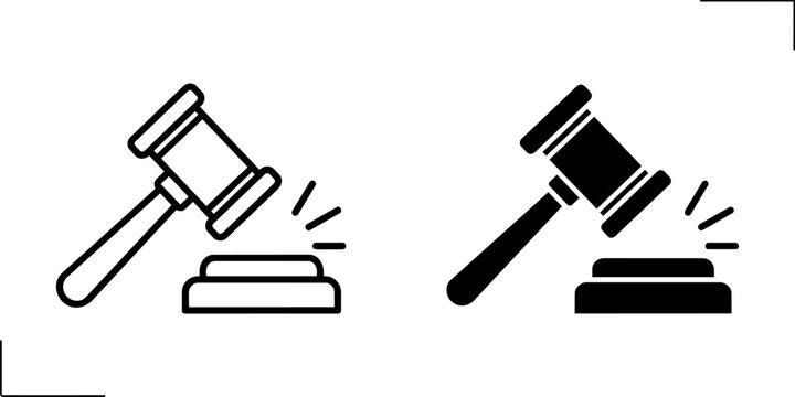 Judge Gavel and Court Justice Icon Set, Law, Legal Services, Auction Hammer and Judiciary Line and Glyph Vector Collection